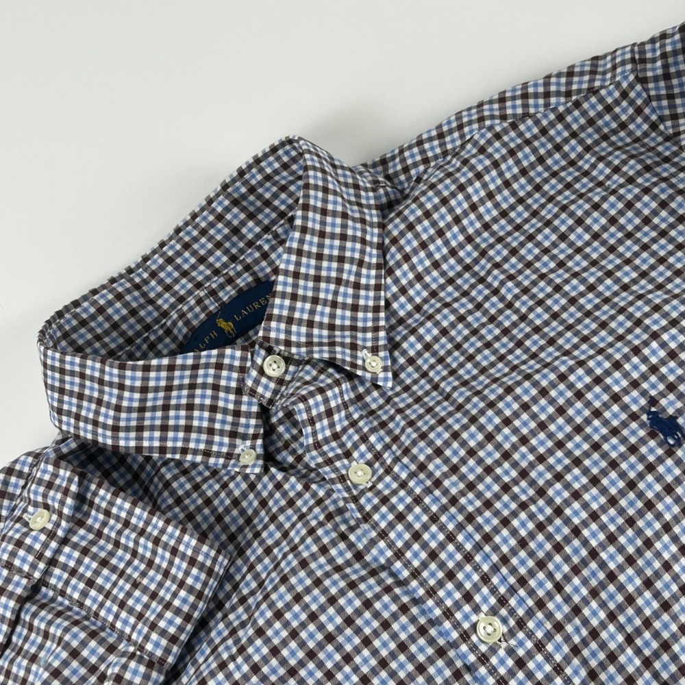 Ralph Lauren Mens XL Gingham Button Down Shirt Brown Blue Plaid Long Sleeve Soft